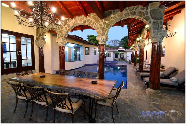 exterior dining table in the evening