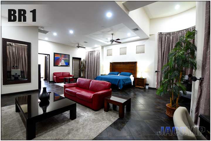 Master bedroom with red leather sofas