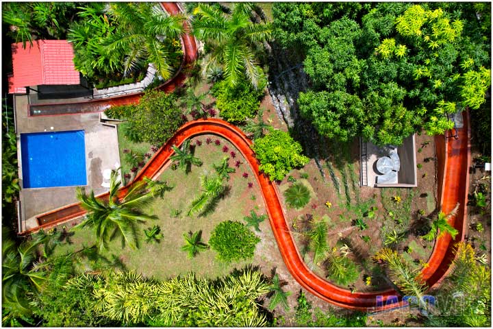 Aerial view of waterslides and pool