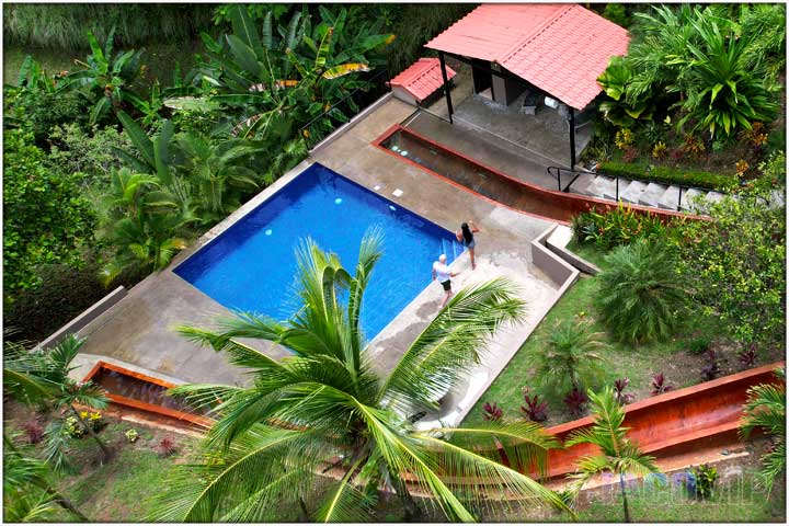 Drone photo of two waterslides and landing pool