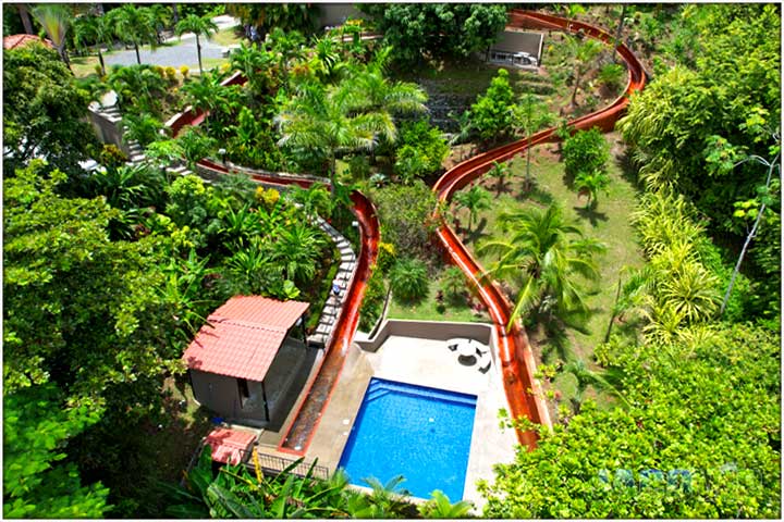 Aerial view of waterslides and pool