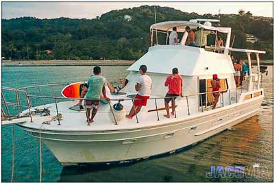 Anchored party boat with beach and mountains view