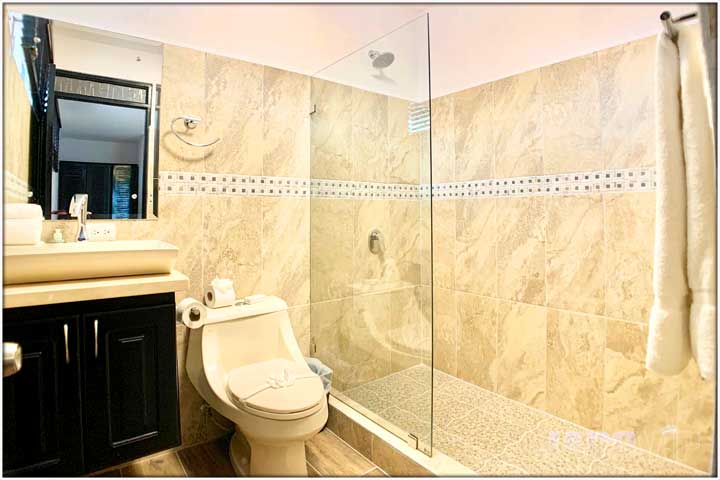 Large bathroom with shower and glass wall