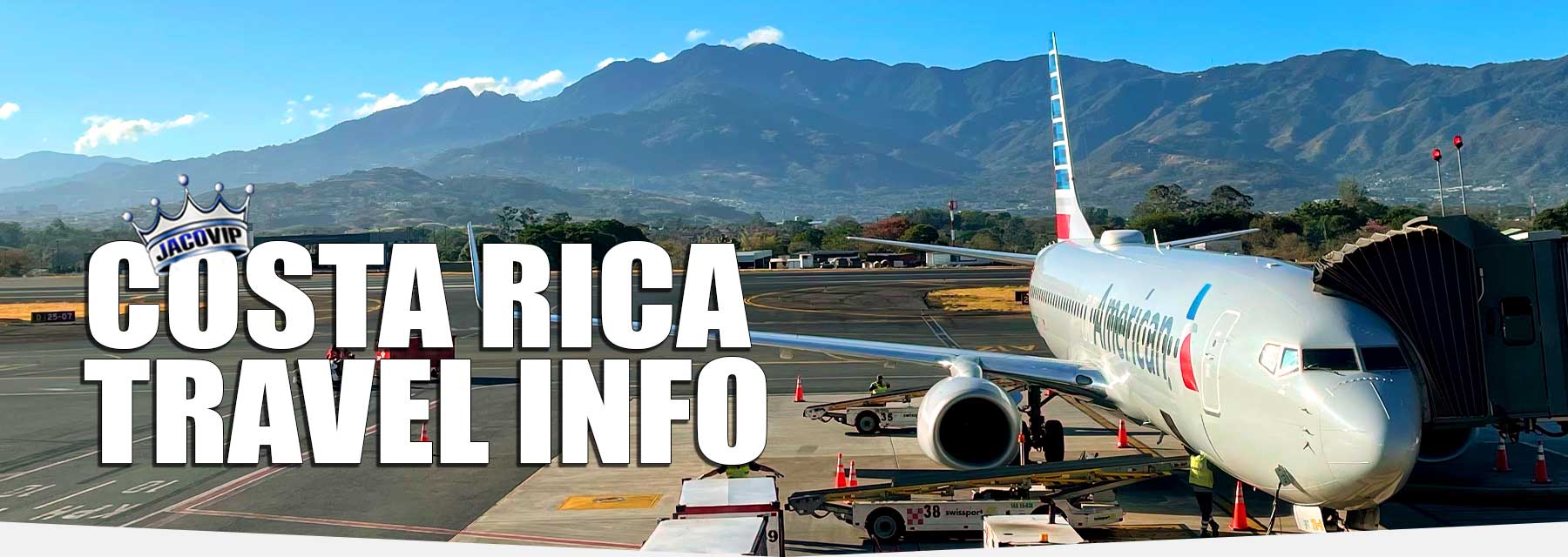 View of airplane at SJO airport in San Jose Costa Rica with mountains in the background