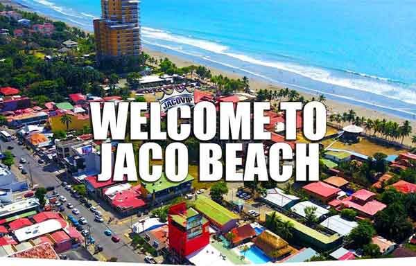 Drone view of Jaco Beach and town center in Costa Rica