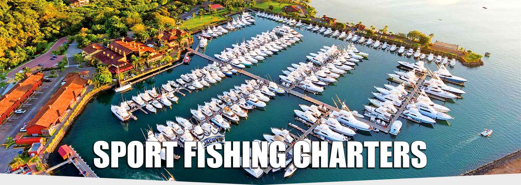 View of Los Sueños Marina in Costa Rica with many sport fishing boats docked