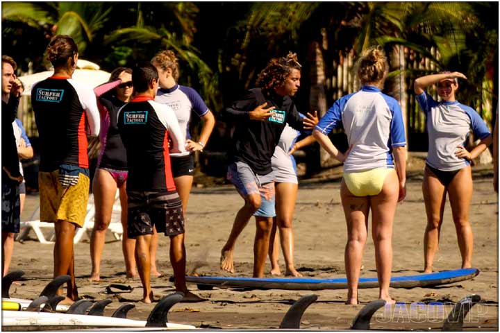 Close up of instructors with surfboards and students learning the basics