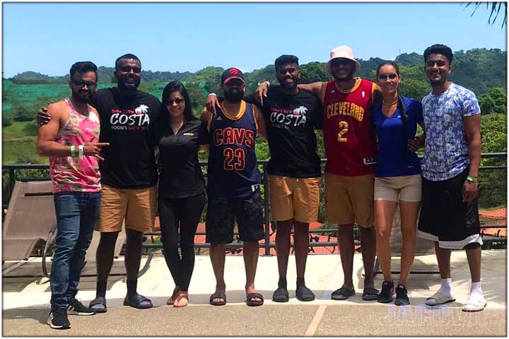 group in front of pool