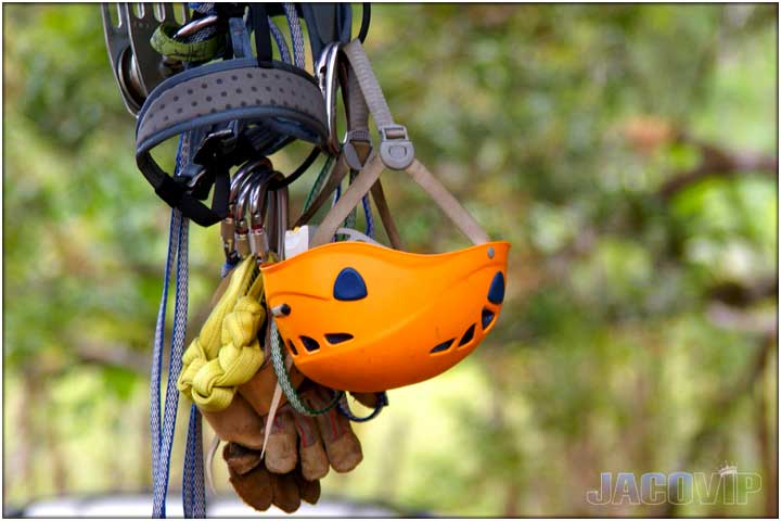 Harness, helmet and gloves for zipline tour